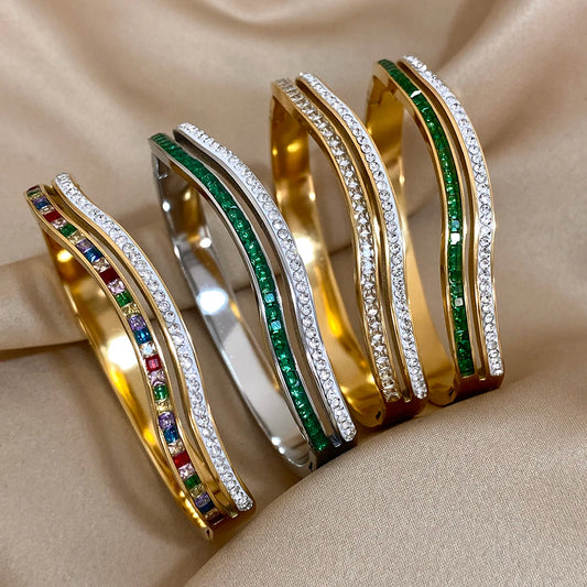 Irregular Wave Stainless Steel Bracelet for Women 2024 Charm Doublelayer Colorful Rhinestone Cuff Bangles Trendy Jewelry