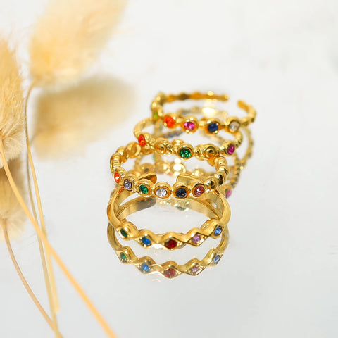 WILD & FREE Luxury Colorful Crystal Stainless Steel Rings for Women Vintage Chic Exquisite Open Ring Tarnish Free Jewelry