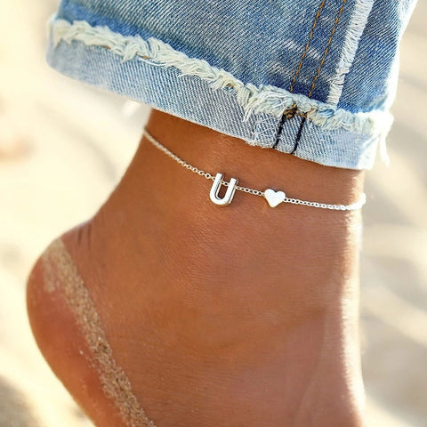 JUJIE 316L Stainless Steel Letter Anklets For Women Foot Legs Heart Anklet Bracelet Barefoot Jewelry Dropshipping/Wholesale