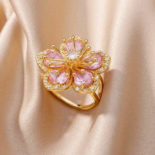 Delicate Pink Zircon Flower Rings for Women Gold Color Stainless Steel Ring 2024 Trend Elegant Luxury Aesthetic Jewelry anillos