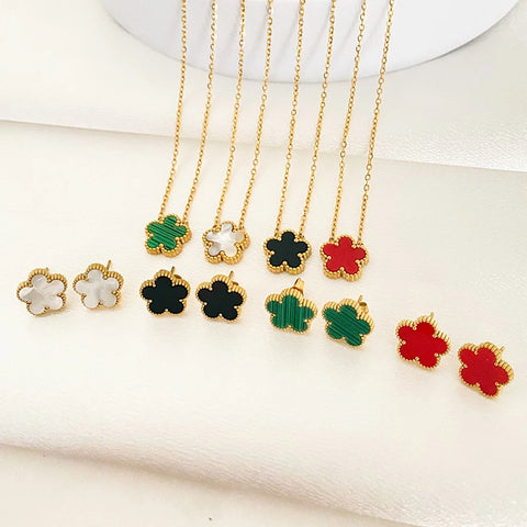 2pcs/set Flower Stainless Steel Pendant Necklace Earrings for Women 2023 Trending Clover New In Fashion Jewelry Set Accessories