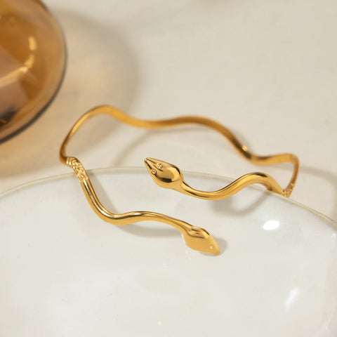 18k Gold Plated Light Cozy Wavy Double-headed Snake Design Bracelet Stainless Steel Statement Waterproof Jewelry Women