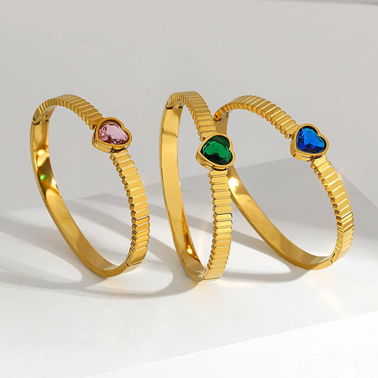 Trendy Luxury Green Zircon Stainless Steel Bangle Bracelets for Women Romantic Love Heart Waterproof Bangles Jewelry Gifts