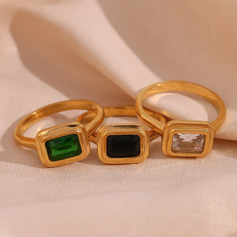 2023 Summer Holiday Single Item Square Sugar Green Black Zircon Signet Rings For Woman Stainless Steel Gemstone Rings