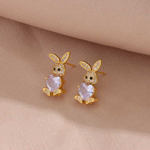 New 316L Stainless Steel Cute Zircon Rabbit Necklaces Earrings For Women Trendy Female Jewelry Set Girls Fashion Clavicle Chain