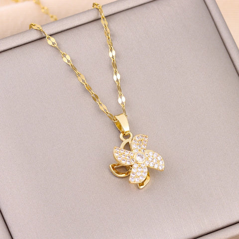 Trendy 18K Gold Plated Zircon Crystal Pendant Stainless Steel Necklace For Women Female Clavicle Chain Jewelry Lady Accessories