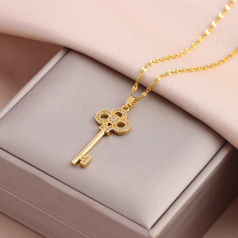 New In Sweet Romantic Open Your Heart Key Pendant Necklaces For Women Female Daily Wear Stainless Steel Clavicle Chain Jewelry