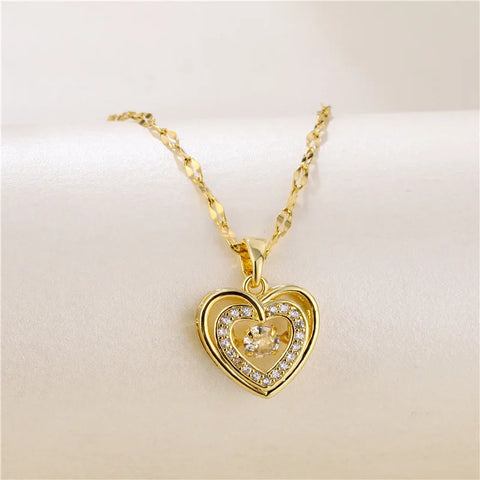 Cute Beating Heart Crystal Pendant Necklace For Women Korean Fashion Stainless Steel Clavicle Chain Female Sexy Wedding Jewelry