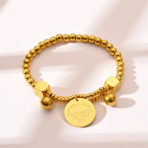 OIMG 316L Stainless Steel Gold Plated Gorgeous Simple Punk Geometric  Beads Pendant Bracelet For Women Girls Party Jewelry Gift