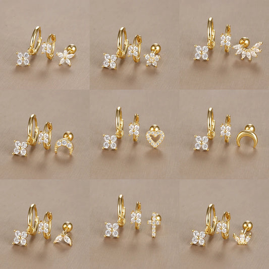 3PCS Vintage Design Four Flower Zircon Hoop Earrings Set for Women Tiny Stainless Steel Cartilage Piercing Earring Jewelry Gift