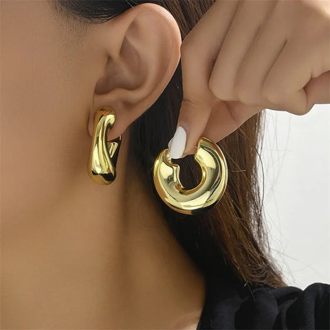 New Retro Stainless Steel Chunky C Shape Hoop Earrings Glossy Gold Plated Pvd Circle Round Tube Huggie Hoops Stacked Ear Jewelry