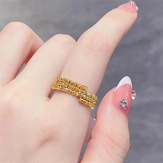 Stainless Steel Gold Color Multi Beads 3 Layers Finger Rings for Women Size Adjustable Wedding Band Trendy Jewelry Accessories