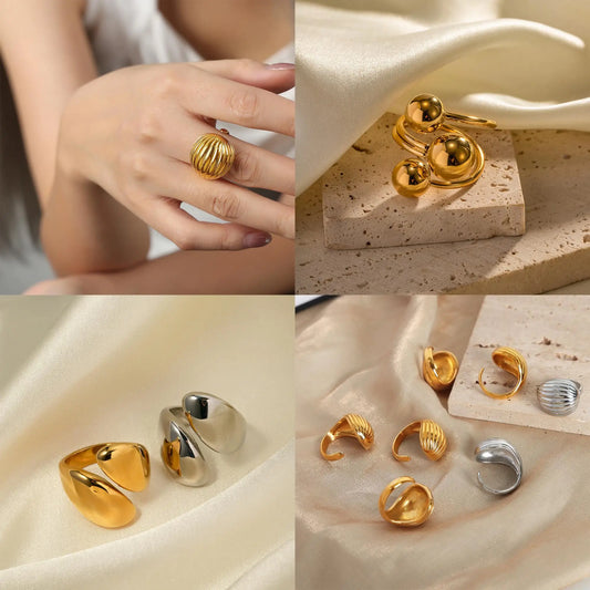 CARLIDANA Vintage Statement Design 18K Gold Plated Stainless Steel Jewelry Waterproof Ball Stripe Water Drop Texture Open Ring