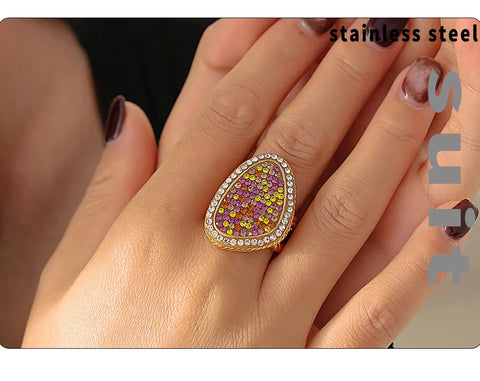 Colorful Rhinestones Beautiful Rings for Women Gold Plated Waterproof Stainless Steel Ring Exaggerate Finger Jewelry Gift