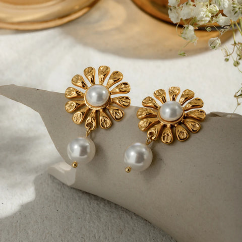 Stainless Steel 18K Gold Plated Sunflower White Imitation Pearl Pendant Earrings Statement Stylish Waterproof Jewelry Women