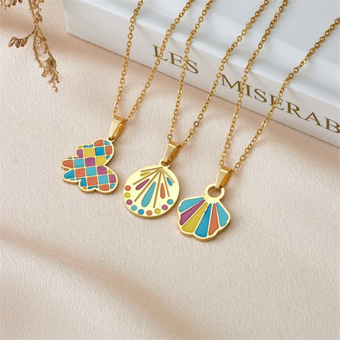 Stainless Steel Chain Classic Shiny Colorful Flowers Pendant Necklace for Women Lady Vintage Jewelry Accessories Gifts