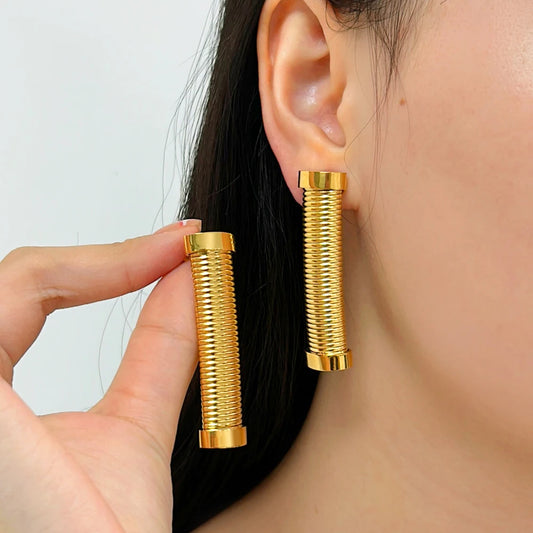 Big Long Textured Stainless Steel Gold Color Earrings Women's Waterproof Statement Exaggerated Fashion Ear Jewelry Party