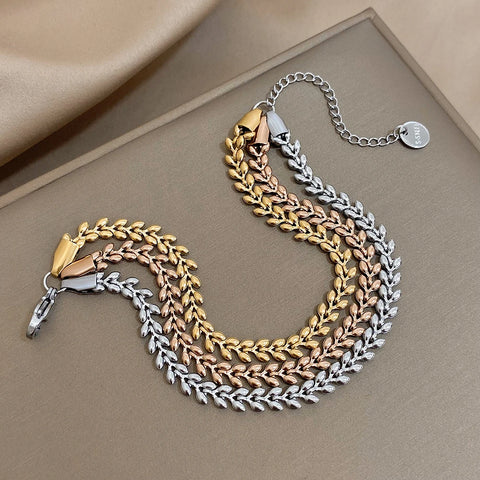 Greatera Trendy Tricolor Stainless Steel Layered Leaf Chain Bracelets for Women Gold Plated Metal Bracelet Waterproof Jewelry