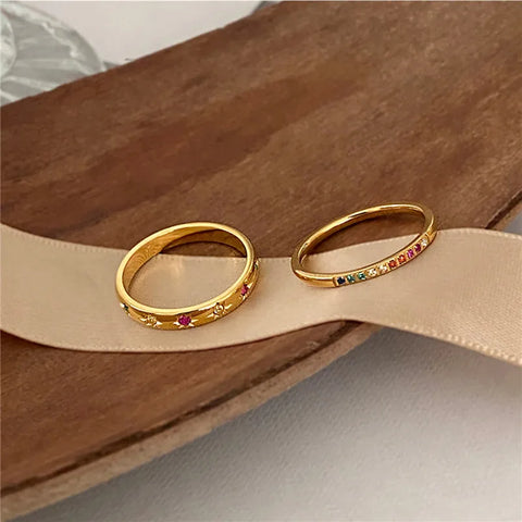 INS Stainless Steel Rainbow Color Cubic Zircon Stone Finger Rings for Women Gold Color Waterproof Stars Ring Jewelry Gift