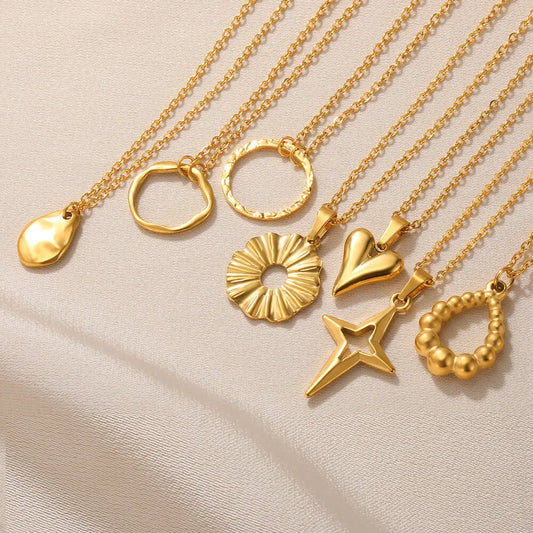 Stainless Steel Heart Pendant Necklace For Women 18K Gold Color Chain Jewelry Trend Cute Sun Round Necklaces Anniversary Gift