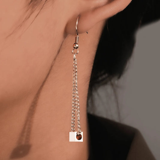 Stainless Steel Earrings Geometric Square Pendant Long Tassel Chain Korean Fashion Simplicity Dangle Earrings For Women Jewelry