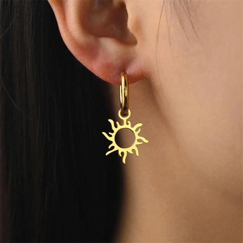 Stainless Steel Heart Flower Sun Hoop Earrings for Women Gold Color Girls Korean Elegant Circle Leaves Star Drop Earring Jewelry