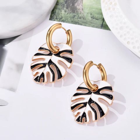 Colorful Enamel Leaf Earrings for Women Fashion Exquisite Stainless Steel Round Hoop Earrings Female Party Wedding Jewelry