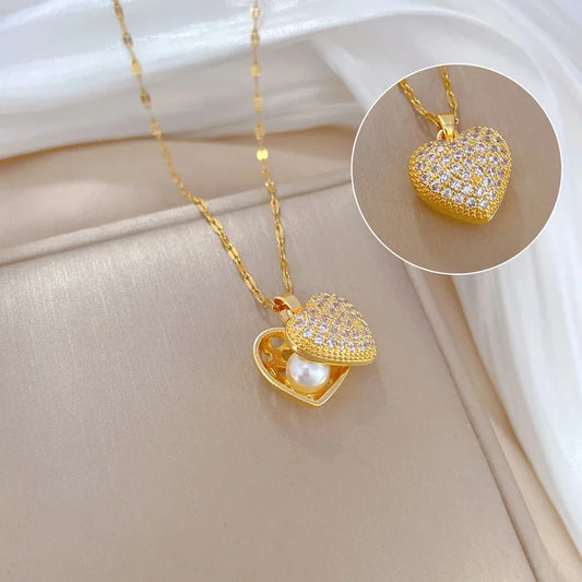 316L Stainless Steel Love Heart Pearl Oyster Pendant Necklace For Women Fashion Gold Color Clavicle Chain High Quality Jewelry