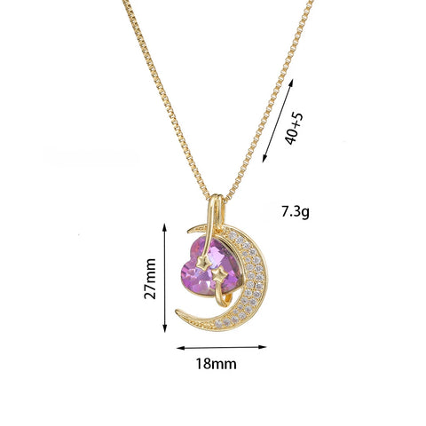 Colorful Zircon Love Heart Moon Pendant Necklaces for Women Girls Stainless Steel Trendy Romantic Jewelry Accessories Gifts