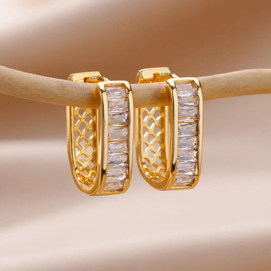 Shiny Zircon Circle Square Hoop Earrings for Women Gold Color Stainless Steel Earrings Luxury Christmas Jewelry Wedding aretes