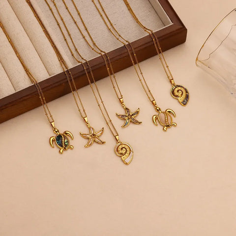 Sea Starfish Shell Colorful Necklace for Women Charm Pendant Rust-proof Stainless Steel Chain Gift Summer Beach Vacation Jewelry