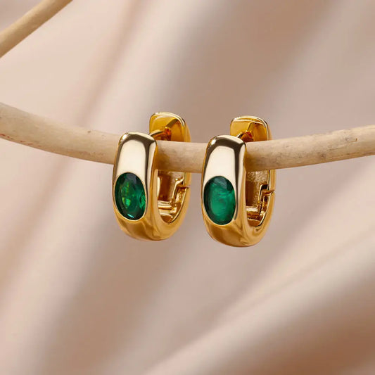 Green Zircon Hoop Earrings For Women Luxury Gold Color Stainless Steel Earrings 2023 Trending Aesthetic Jewelry aretes mujer