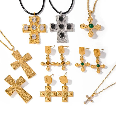 Stainless Steel 18K Gold Plated Trendy Cross Series Pendant Necklace Earring Set Tiger Eye Stone Christian Jewelry