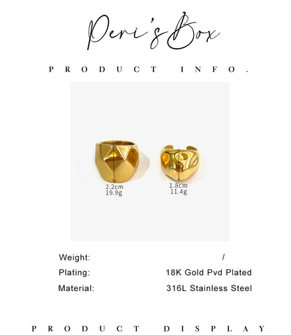 Peri'sbox 316L Stainless Steel Geometric Rhombus Metal Textured Wide Rings For Women Men Golden Hammered Chunky Dome Ring Unisex