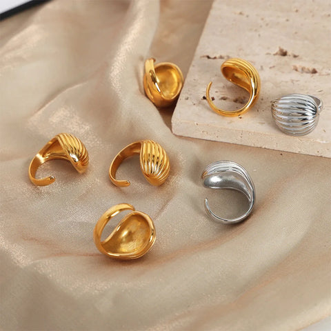 CARLIDANA Vintage Statement Design 18K Gold Plated Stainless Steel Jewelry Waterproof Ball Stripe Water Drop Texture Open Ring