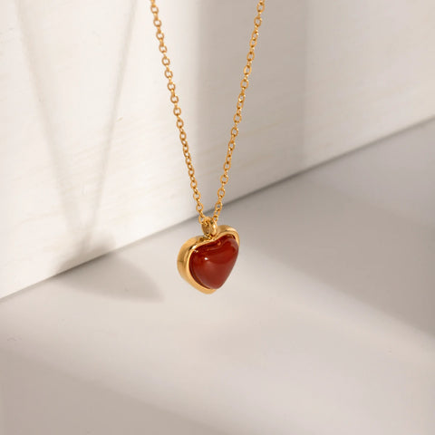 Stainless Steel Red Agate Love Heart Pendant Necklace 18K Gold Plated Water Resistant Hypoallergenic Fine Polished Jewelry