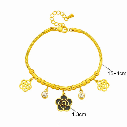 316L Stainless Steel Gold Plated Luxury Temperament Black Camellia Bracelet For Women Winter New Style Flower Jewelry No Fading