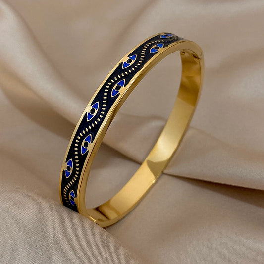 Greatera Turkish Evil Eye Pattern Stainless Steel Cuff Bracelet Bangle for Women Black Enamel Gold Color Metal Bracelets Jewelry