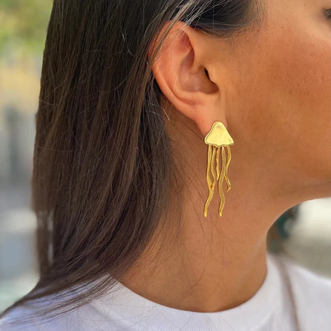 Stainless Steel Waterproof Smooth Jellyfish Shaped Stud Earrings Statement Metal Texture 18K Gold Color Trendy Jewelry Gift