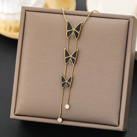 316L Stainless Steel New Fashion Fine Jewelry 3 Black Bbutterflies Zircon Tassels Charm Chain Choker Necklaces Pendant For Women