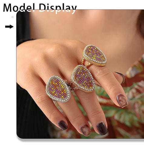 Colorful Rhinestones Beautiful Rings for Women Gold Plated Waterproof Stainless Steel Ring Exaggerate Finger Jewelry Gift