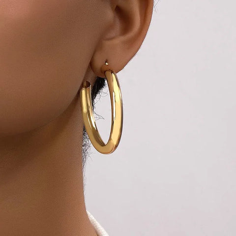 New Metal Large Circle Hollow Hoop Earrings For Women Stainless Steel Gold Color Round Thick Piercing Earring Jewelry Gifts