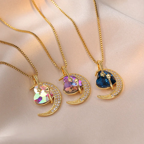 Colorful Zircon Love Heart Moon Pendant Necklaces for Women Girls Stainless Steel Trendy Romantic Jewelry Accessories Gifts