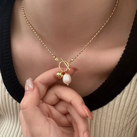 Peri'sBox Minimalist OT Buckle Freshwater Pearl Pendant Stainless Steel Necklace Women's Choke Ring Baroque Pearl Necklace Gifts