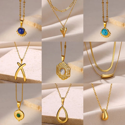 Stainless Steel Jewelry Opal Stone Necklaces For Women Simple Minimalist Gold Color Metal Chain Pendant Jewelry wedding Gift