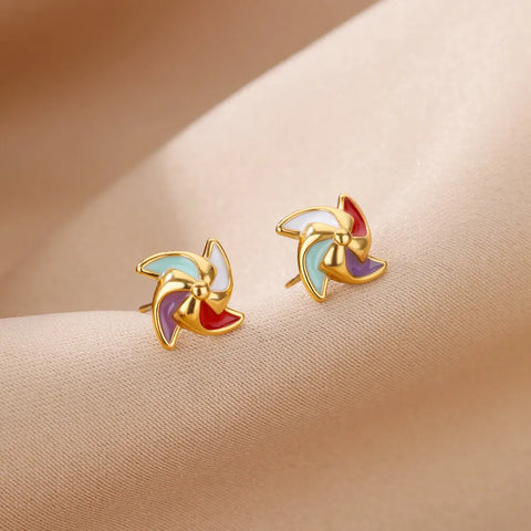 Luxury Multicolor Windmill Earrings For Women Stainless Steel Rainbow Lucky Piercing Stud Ear 2024 New Fashion Cute Jewelry Gift