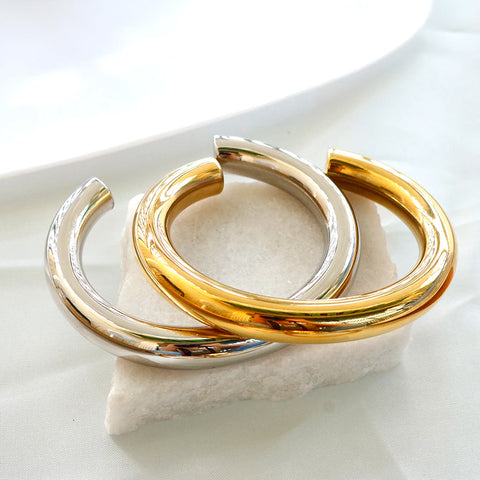 Stainless Steel Gold Color Thick Tube Open Bangle For Women Girl Hiphop Cuff Bracelet Jewelry