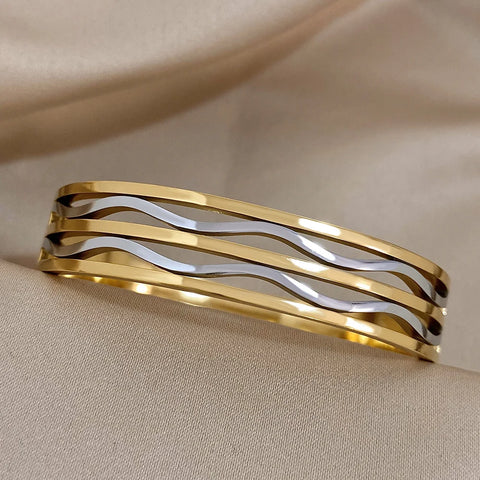 ALLYES Unique Design Two Tone Wave Stainless Steel Bracelet for Women Fashion Waterproof Gold Silver Color Bangles Charm Jewelry