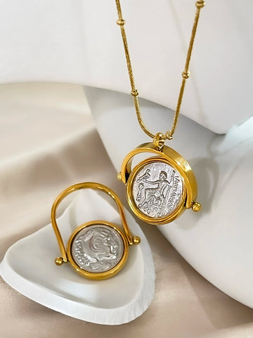 Peri'sbox Mix Gold Silver Plated Greek Roman Coin Pendant Necklace Ring Set Women Stainless Steel Free Tarnish Medallion Jewelry