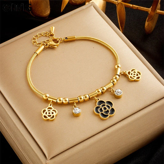 316L Stainless Steel Gold Plated Luxury Temperament Black Camellia Bracelet For Women Winter New Style Flower Jewelry No Fading